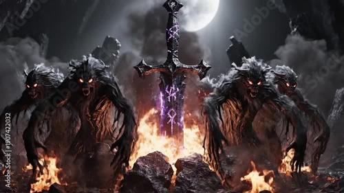 Epic fantasy scene of a dark sword amidst a fiery explosion with rocks.