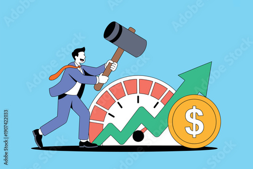 A businessman in a suit is aggressively hitting a gauge with a large gavel, symbolizing a forceful increase in financial growth and success.