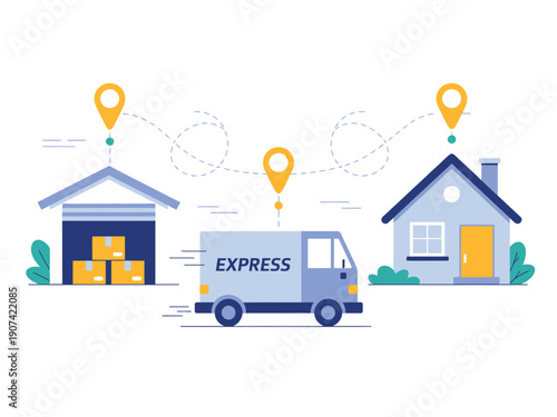 An express delivery truck transporting packages from a warehouse to a residential house with a navigation route
