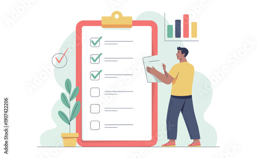 A man in a yellow shirt checks off tasks on a large clipboard with a checklist, standing next to a plant and a clock, symbolizing productivity and time management.