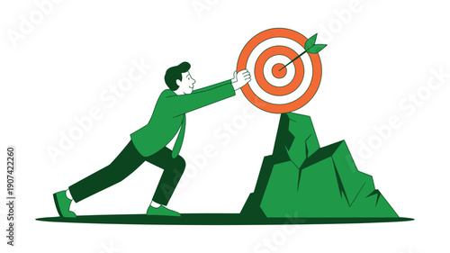 A determined businessman pushing a large target with an arrow on top of a mountain, symbolizing goal achievement and success.