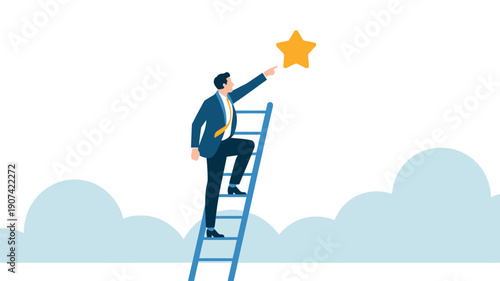 A determined businessman in a blue suit reaches for a golden star while climbing a ladder towards success and achievement in a cloudy sky