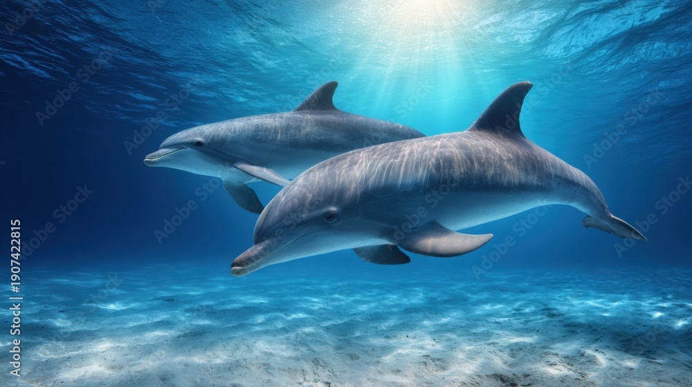 Fototapeta premium Dolphins Swim Together in Clear Waters Highlighting Teamwork and Communication Beneath the Surface During Daylight Hours
