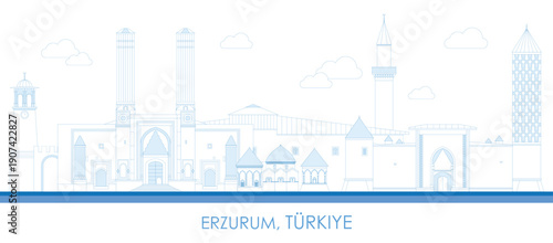 Outline Skyline panorama of city of Erzurum, Turkiye (Turkey) - vector illustration