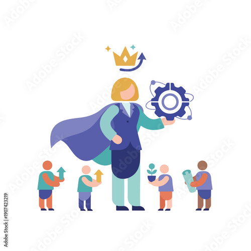 A superhero-like leader with a crown and cape holds a tech symbol, inspiring a diverse team holding symbols of growth and progress.