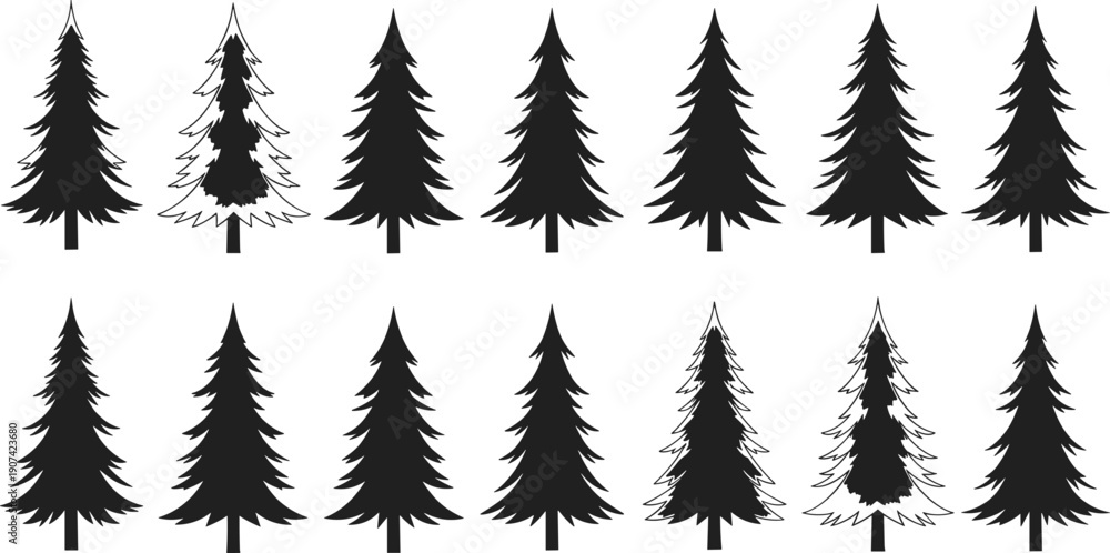 Obraz premium Pine tree silhouettes collection, forest nature design, evergreen coniferous shapes with unique variations, botanical environment artwork, landscape illustration concept set -flat vector illustration