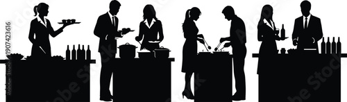 Catering silhouettes with food service staff, buffet scene artwork, teamwork hospitality concept, professional dining design, restaurant event theme, serving activity symbol, flat vector illustration