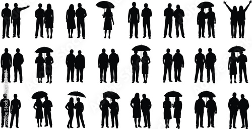 Couple silhouettes collection, pairs of people standing walking holding umbrellas, human interaction companionship social behavior artwork design concept illustration set -flat vector illustration