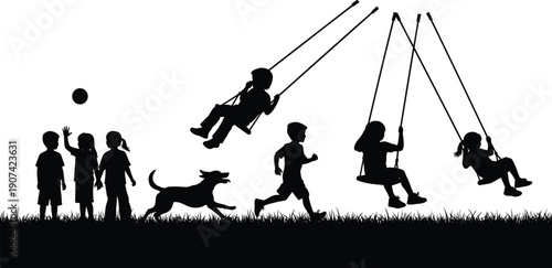 Children silhouettes playing outdoors with swings, ball, dog, joyful park scene artwork, childhood activity theme, fun lifestyle concept, playful motion symbol, flat vector illustration