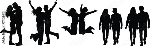 Couple silhouettes with joyful poses, embracing, , love relationship theme, companionship design concept, emotional connection symbol, flat vector illustration