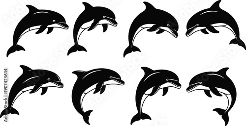 Dolphin silhouettes leaping and swimming, aquatic animal artwork, marine life design concept, ocean wildlife theme, playful motion symbol, sea creature illustration, flat vector illustration