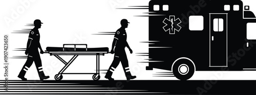 Emergency medical silhouettes with ambulance and action concept, critical care symbol, flat vector illustration