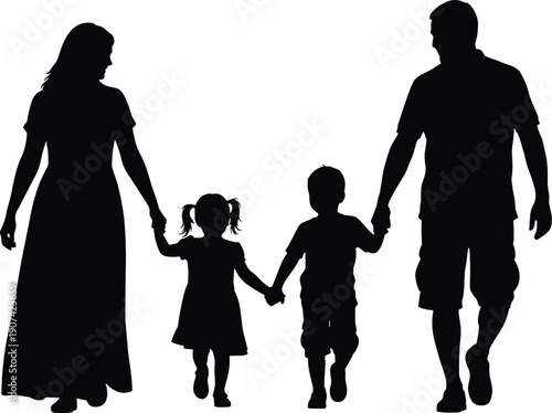 Family walking together silhouette, parents holding children hands, unity, love, parenting bond, happy childhood, togetherness, lifestyle concept -flat vector illustration