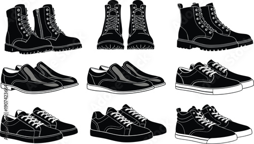 Footwear silhouettes with boots, dress shoes, concept, stylish apparel theme, modern accessory symbol, footwear comparison illustration