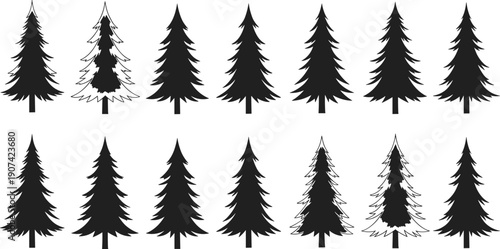 Pine tree silhouettes collection, forest nature design, evergreen coniferous shapes with unique variations, botanical environment artwork, landscape illustration concept set -flat vector illustration