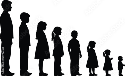 Human growth silhouettes showing child to adult stages, development artwork, life progression design, age evolution theme, physical change concept, generational symbol, flat vector illustration