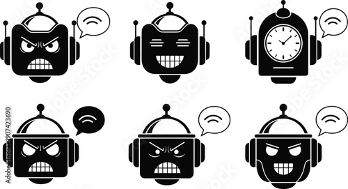 Robot head silhouettes with expressive faces, antennas, speech bubble icons, AI communication artwork, futuristic design theme, technology emotion concept, digital symbol set, flat vector illustration