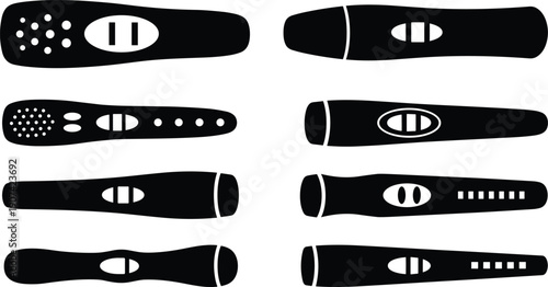 Pregnancy test silhouettes collection, different indicator designs with lines dots shapes, positive negative results diversity, medical diagnostic concept artwork set -flat vector illustration
