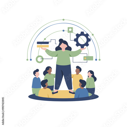 A female leader stands on a platform, managing interconnected technological and process elements, surrounded by her supportive team.