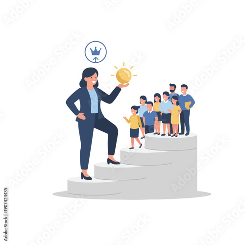 A female business leader stands on a higher step, holding a glowing lightbulb as a symbol of ideas, inspiring her team standing on lower steps.