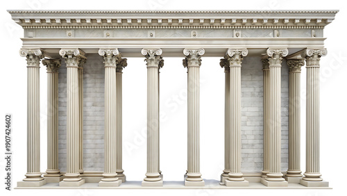 Classical palace colonnade with eight beige stone columns and entablature isolated on a transparent background