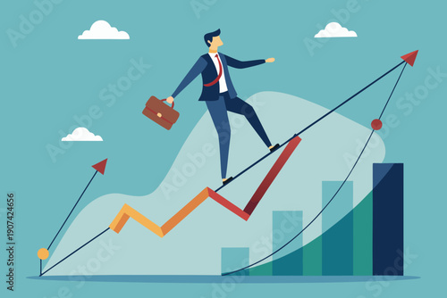 Minimalist vector of a businessman balancing on a tightrope made of a currency line graph, holding a balancing pole, risk and challenge concept.risk, management, finance, business, challenge, balance,