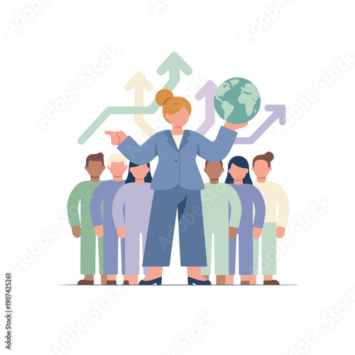 A diverse group of people led by a woman holding a globe and pointing forward, symbolizing global leadership, teamwork, and upward progress.