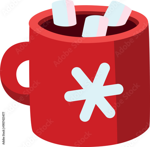 Winter drink in red mug. Hot chocolate with marshmallow