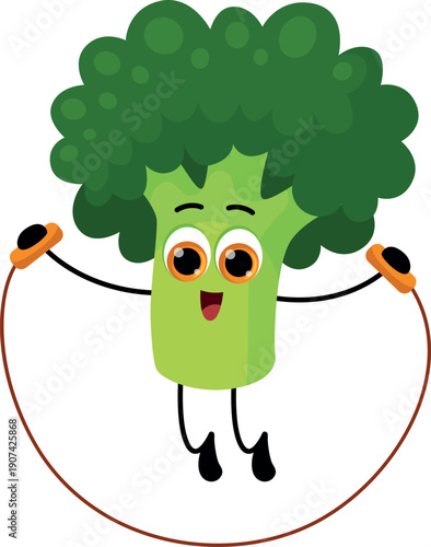 Broccoli jumping on skipping rope. Happy vegetable character
