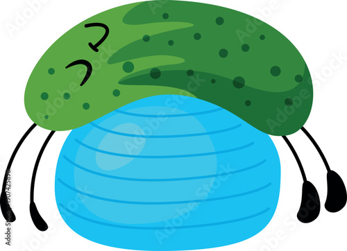 Happy cucumber on fitness ball. Cartoon vegetable character