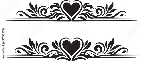 Romantic heart floral divider border set with ornamental swirl leaves in elegant black silhouette vector