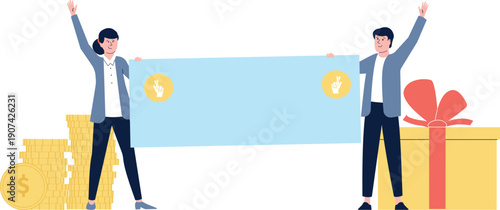 Happy people win big money prize. Corporate bonus