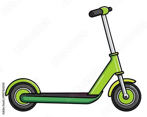 A vibrant green electric scooter stands ready for use on a clean white background from a side viewpoint