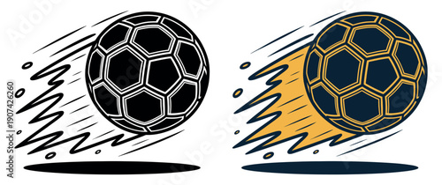 Two stylized soccer balls in motion, one black and white, the other gold and navy.