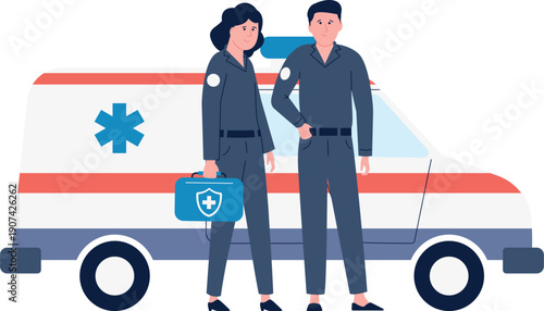 Ambulance with standing paramedics. Medical aid team workers