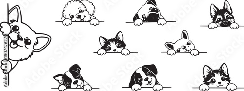 Cute peeking dog and cat faces set from behind wall in playful hand drawn outline editable vector icons