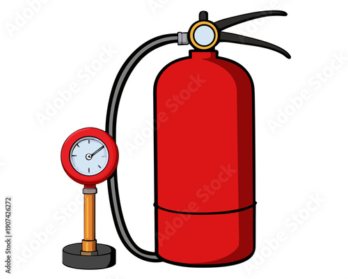Fire extinguisher and pressure gauge on stand ready for safety inspection