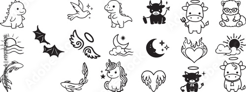 Cute fantasy doodle icon set unicorn dragon angel devil moon sun wings kawaii cartoon vector pack