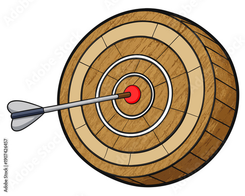 An arrow hitting the center of a wooden target, a focused illustration of precision and skill from a direct viewpoint