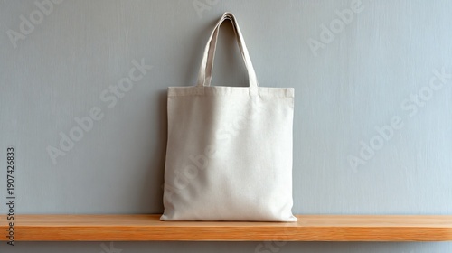 White canvas tote bag on wooden shelf against grey wall background