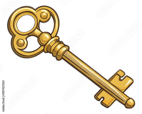 A vintage golden key on a white background viewed from a straightforward perspective