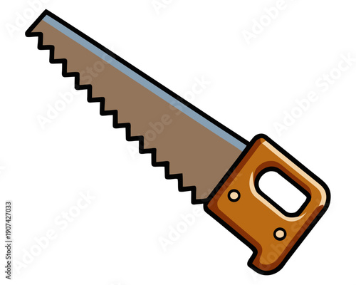 Illustration of a handsaw with a wooden handle and serrated metal blade viewed from the side
