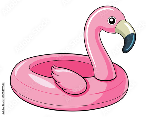 A vibrant pink flamingo pool float is centered on a white background viewed from the side.