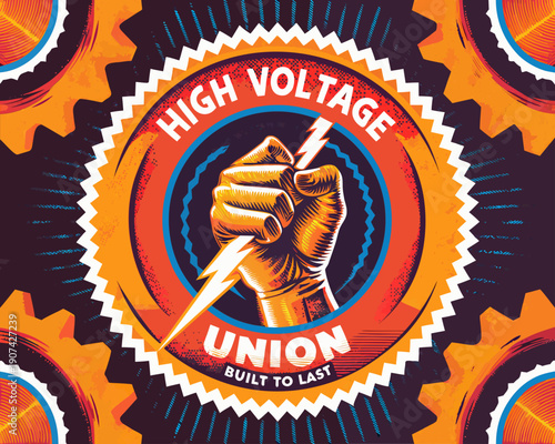 Industrial worker's fist holding a lightning bolt surrounded by gears, symbolizing strength and resilience, viewed from the front