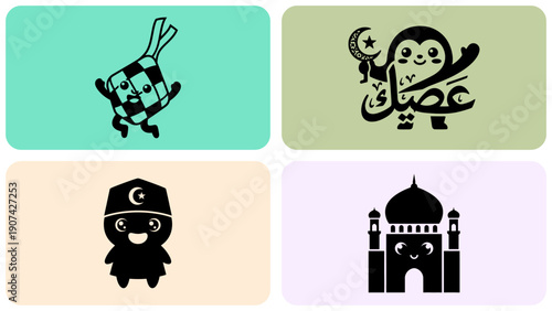 Islamic flat design illustrations with friendly mosque and Ramadan elements