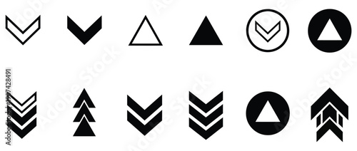 Collection of twelve distinct black and white geometric symbols featuring various chevron down arrows, upward pointing triangles, and circular icon variations for navigation design elements.