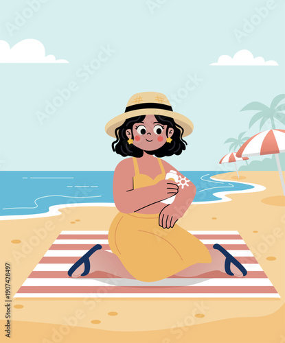 Cheerful woman applying sunscreen lotion on sunny beach, perfect for health, summer, and vacation themes, flat vector illustration