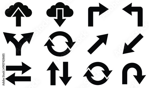 Collection of black vector arrow icons representing various directions, navigation, upload, download, refresh, and branching path choices for interfaces.