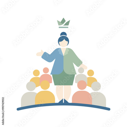 A confident female leader with a crown symbolizes authority while presenting to an abstract group of people, representing guidance and empowerment.