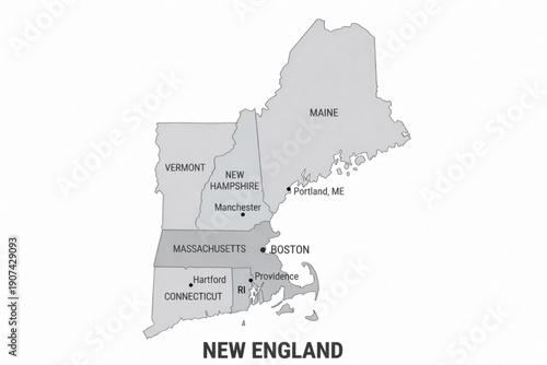 New England United States Map — Black and White Minimal Vector Illustration with State Borders and City Labels